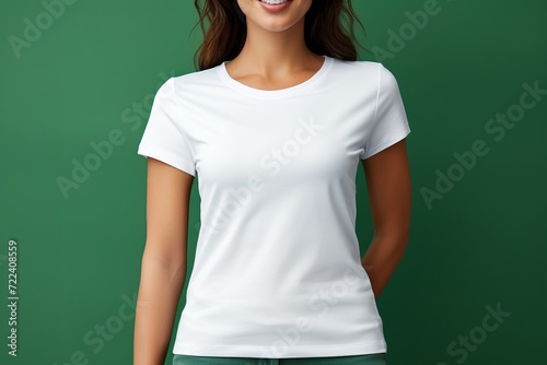 Vibrant portrait of joyful african american woman in white mock up t-shirt on solid background