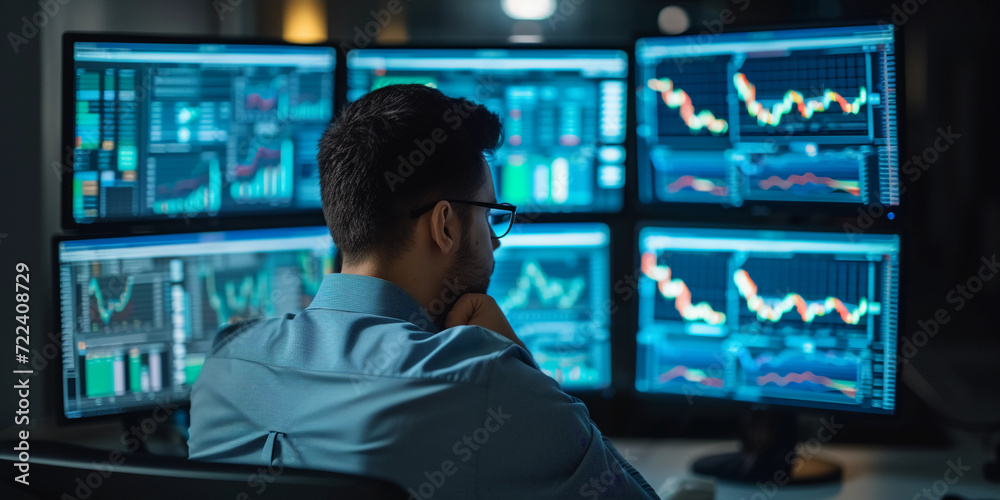 risk analyst at work, focused on multiple computer screens displaying intricate risk models and financial data, in a dimly lit, quiet office setting risk analyst at work, focused on multiple computer screens displaying intricate risk models and financial data, in a dimly lit, quiet office setting
