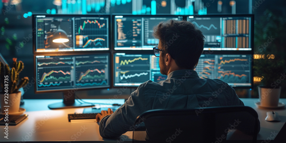 risk analyst at work, focused on multiple computer screens displaying intricate risk models and financial data, in a dimly lit, quiet office setting risk analyst at work, focused on multiple computer screens displaying intricate risk models and financial data, in a dimly lit, quiet office setting