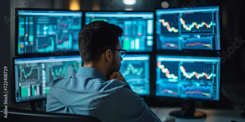 risk analyst at work, focused on multiple computer screens displaying intricate risk models and financial data, in a dimly lit, quiet office setting