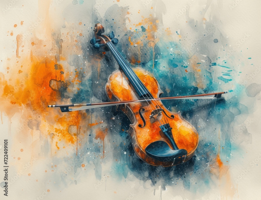 Abstract watercolor violin and bow 