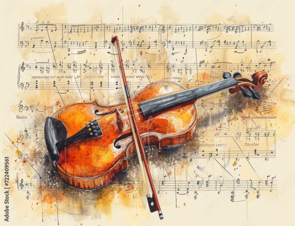 Fototapeta premium Abstract watercolor violin and notes
