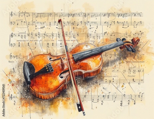 Abstract watercolor violin and notes