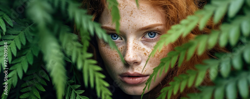 Young woman model with red hair and freckles posing in green jungle leaves, closeup detail to face. Generative AI