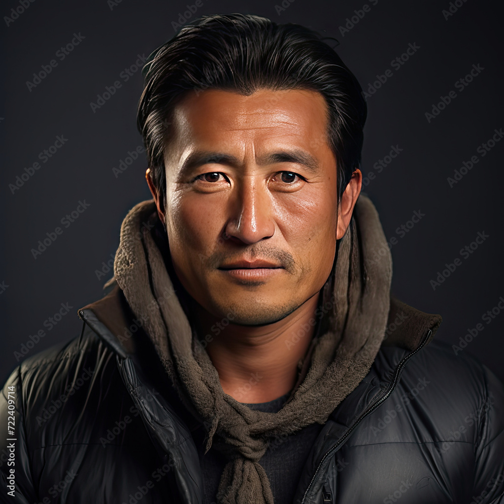 Close up portrait of mature Asian man in 40s looking at camera, serious unhappy expression