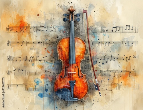 Abstract watercolor violin and notes