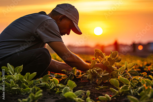 a farmer works near the harvest, at sunset