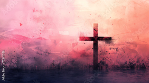 Abstract backdrop of pink hues, where a shadowy black cross emerges, creating a poignant visual metaphor that encapsulates the profound spirituality of the season