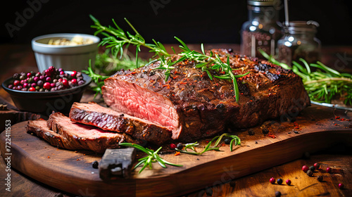 flank steak barbecue, on a wooden board with greenery photo
