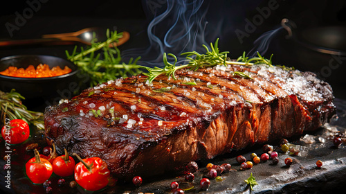 flank steak barbecue, on a wooden board with greenery photo