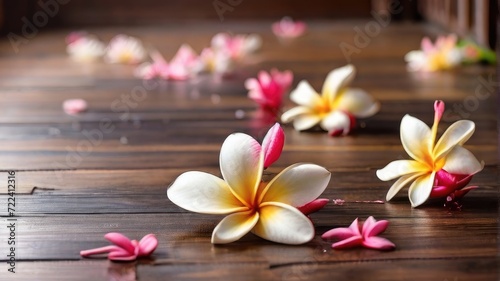 Plumeria flowers falling on the wooden floor 