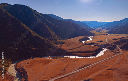 Aerial top view autumn Landscape beautiful forest and river mountains Altai