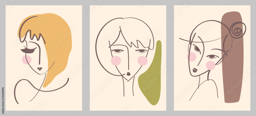 A set of creative abstract female portraits. Vector icon of people. For postcards, tee print, wallart, poster, cover, packaging, web, social media story design, cosmetics, beauty salon. A set of creative abstract female portraits. Vector icon of people. For postcards, tee print, wallart, poster, cover, packaging, web, social media story design, cosmetics, beauty salon.