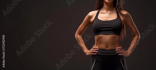 Female athlete s muscular waist in sportswear on black backgroundfitness and gymnastics concept. photo