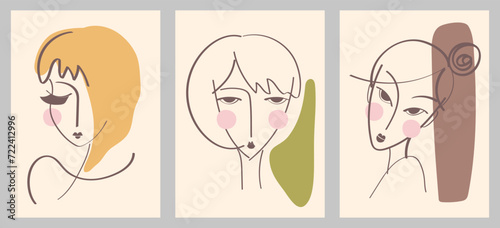 A set of creative abstract female portraits. Vector icon of people. For postcards, tee print, wallart, poster, cover, packaging, web, social media story design, cosmetics, beauty salon.
