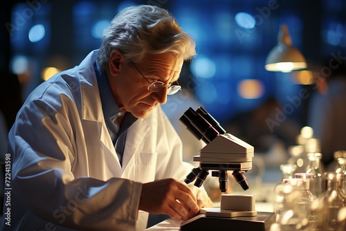 Male scientist examining samples through microscope with copy space for scientific research