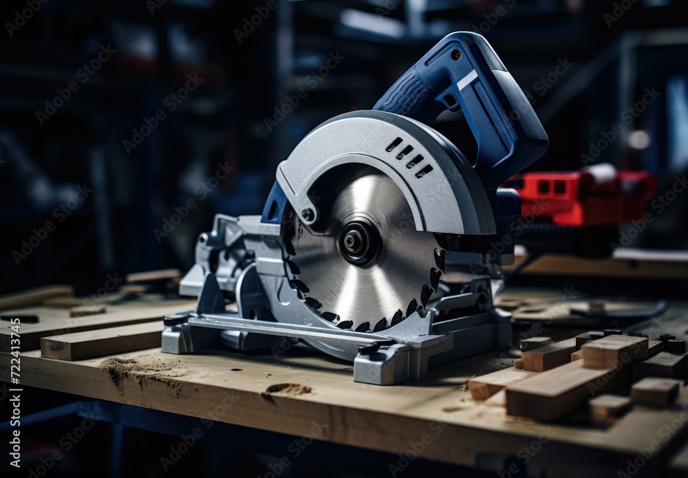 Fototapeta premium A circular saw is sitting on a table. Generative AI.
