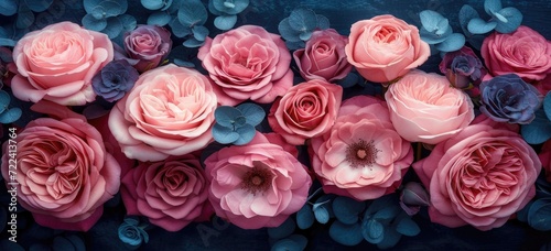 roses are in a bouquet on a dark background  in the style of dark pink and light indigo