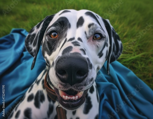 A dalmatian dog is sitting on a blanket. Generative AI.