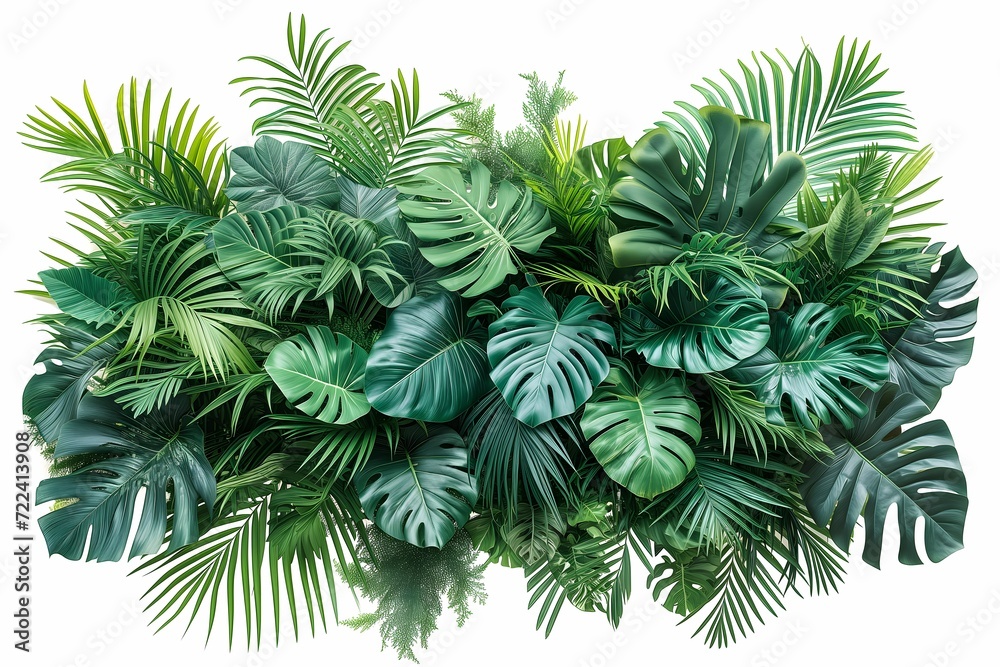 An intricate composition of lush tropical leaves in various shades of green on an isolated white background An intricate composition of lush tropical leaves in various shades of green on an isolated white background