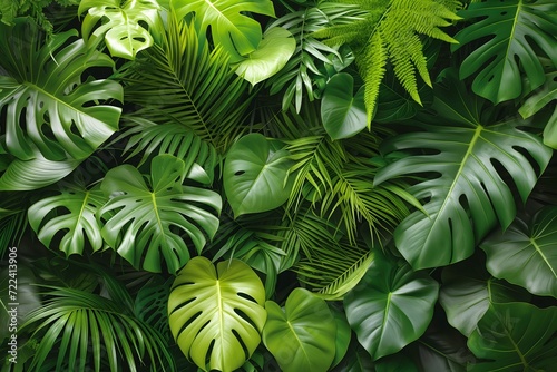 A vibrant and dense collection of various tropical leaves in rich shades of green