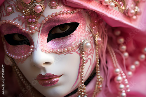 Close up of pink and white elegant Venetian carnival mask on face © Firn