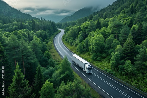 Fototapeta Naklejka Na Ścianę i Meble -  A white truck drives along a winding road surrounded by lush green forest and misty mountains, aerial view. Cargo transportation