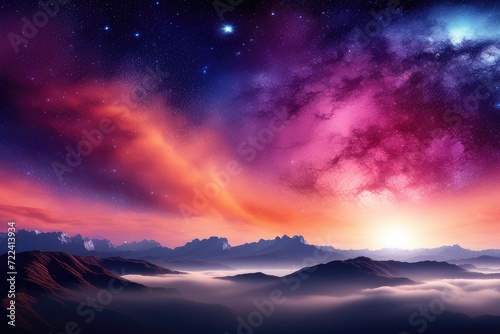 Fantasy Galaxy Landscape Background. Generative AI © wellyans