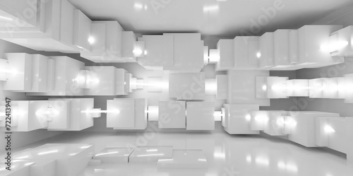 Fotografie Spacious Room With Abundant White Cubes 3d render illustration
