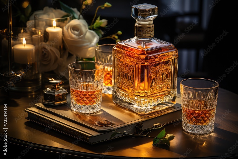 Showcasing a whiskey bottle with glass on the table with candle night Showcasing a whiskey bottle with glass on the table with candle night