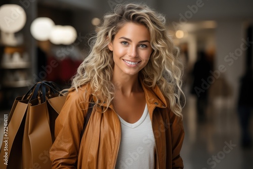 A happy girl holding shopping bags in hand in shopping mall Photography © SaroStock