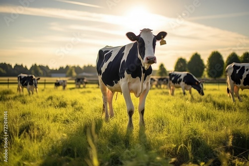 Holstein Friesian cow farm during golden hour, with peacefully grazing in a vast photo