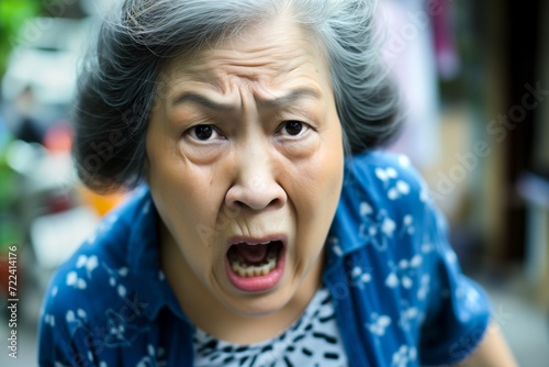 Angry belligerent yelling asian senior woman looking at the camera