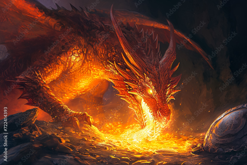 Naklejka premium fierce dragon breathing fire and guarding a treasure