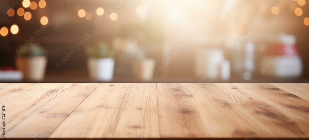 Empty wooden table top on blurred background. Generative AI. - obrazy, fototapety, plakaty 