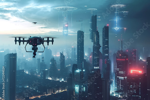 futuristic city skyline with holographic buildings and flying drones.