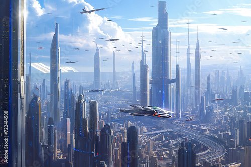 futuristic cityscape with tall skyscrapers and flying cars © Formoney