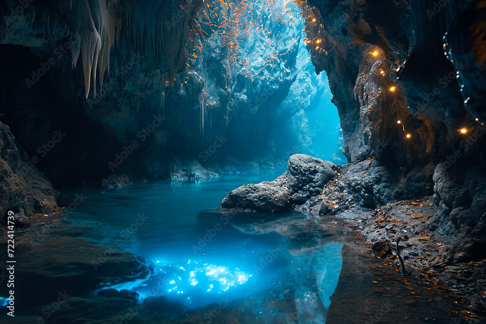 mystical underwater cave with bioluminescent plants and hidden treasures