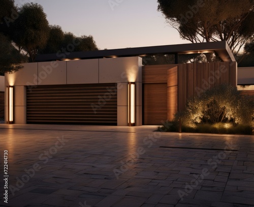 A modern home with a driveway and lights. Generative AI. © Natalia