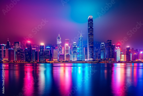 modern city skyline at night, illuminated by the colorful lights of skyscraper photo