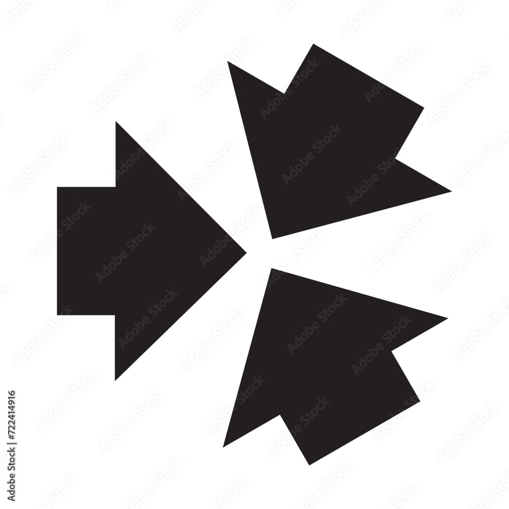 Three-way, two-way or one -way inward or outward pointing mini arrows. A symbol made from a trio of small black arrow shapes. Isolated on a white background. Three-way, two-way or one -way inward or outward pointing mini arrows. A symbol made from a trio of small black arrow shapes. Isolated on a white background.