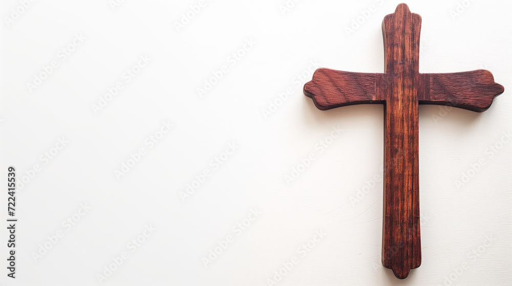 Minimalist white background adorned by a symbolic wooden cross, embodying spiritual significance and simplicity in one