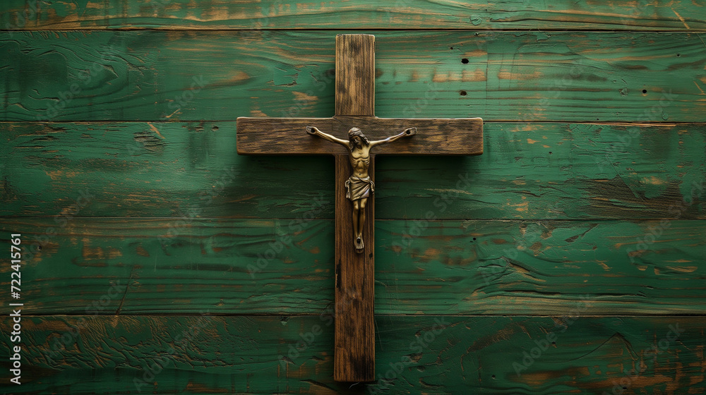 Crafted wooden crucifix, set against a backdrop of rich green wood, invoking a sense of sacred tranquility