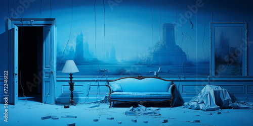 A vintage blue room with blue sofa and lam with open door, A scene of a black room with dark smoke, horror blue room
