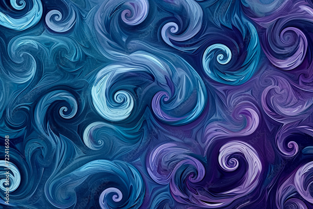 Design an abstract pattern with swirls and spirals in shades of blue and purple