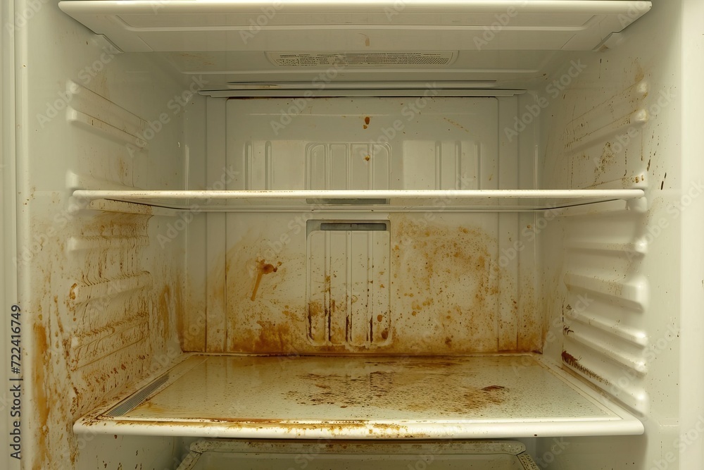 Open fridge with a very dirty interior Open fridge with a very dirty interior