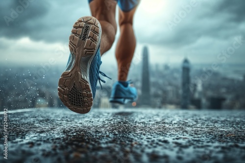 Strong athletic legs in sneakers running down the street at the backdrop of cityscape. Concepts: sports, healthy lifestyle, strength, endurance, beautiful body, sports shoes, active recreation photo