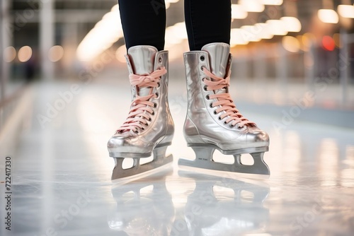 Feet of a woman is standing on an ice skating rink