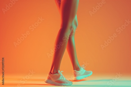 Female legs in peach sneakers on orange background. Concepts: sports, healthy lifestyle, strength, endurance, beautiful body, sports shoes, active recreation