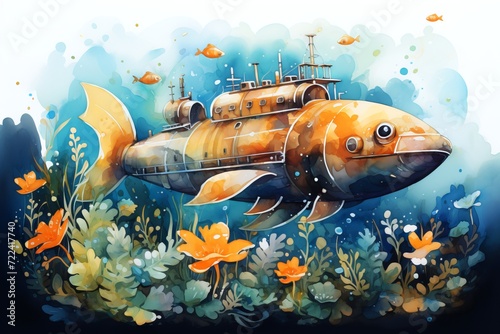 Fantasy submarine in the guise of a fish, surrounded by ocean plants, playful tones. Concept of underwater fantasy, sea exploration, whimsical marine life, imaginative illustration.